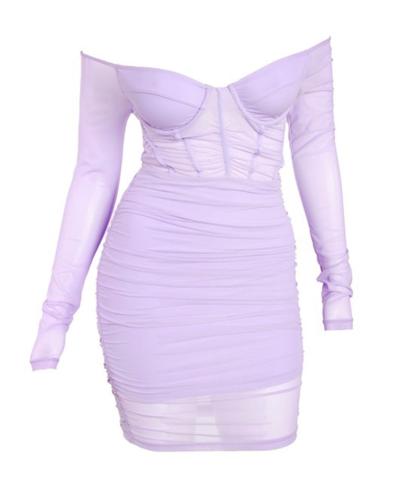 Venus Mesh Corset Style Ruched Mini Dress -Lavender | PINKY PROMISE LA Venus Mesh Corset Style Ruched Mini Dress -Lavender | PINKY PROMISE LA