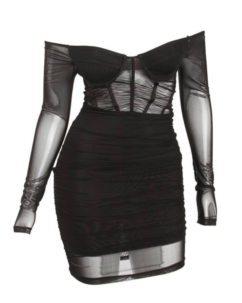 Venus Mesh Corset Style Ruched Mini Dress -Black